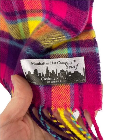 Manhattan Hat Company Multicolor Pink Purple Plaid Cashmere Feel Fringe Scarf - Picture 2 of 5